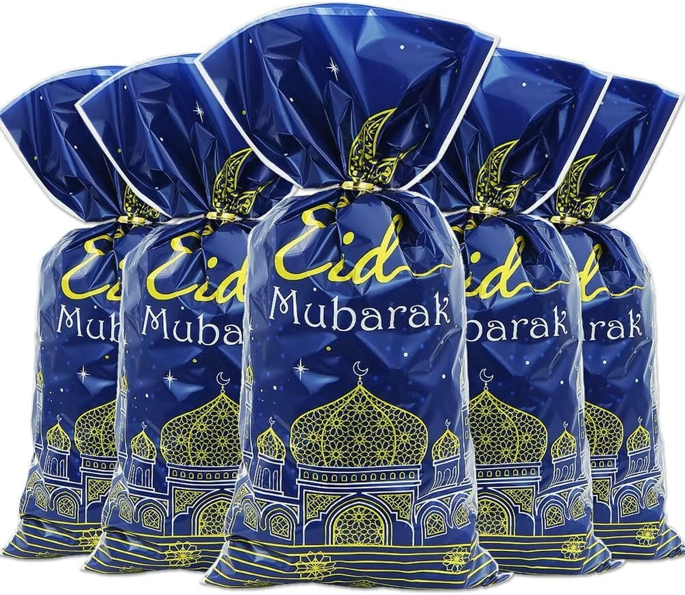 Ramadano Eid Mubarak dovanų maišeliai su sukamaisiais raišteliais, 100 vienetų mėlyno aukso Eid vakarėlio celofano skanėstų maišeliai pilies mėnulio žvaigždės saldainių maišeliai musulmonų islamo Eid Iftar maišeliai