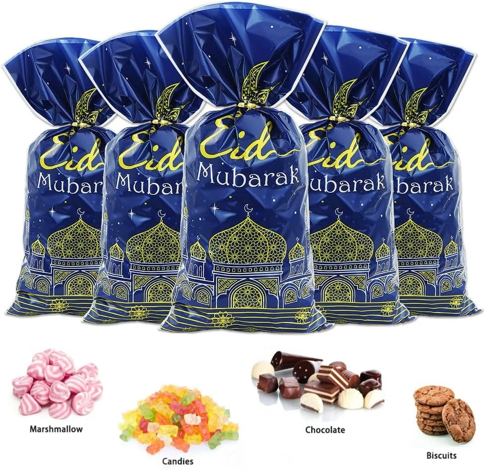 Ramadano Eid Mubarak dovanų maišeliai su sukamaisiais raišteliais, 100 vienetų mėlyno aukso Eid vakarėlio celofano skanėstų maišeliai pilies mėnulio žvaigždės saldainių maišeliai musulmonų islamo Eid Iftar maišeliai