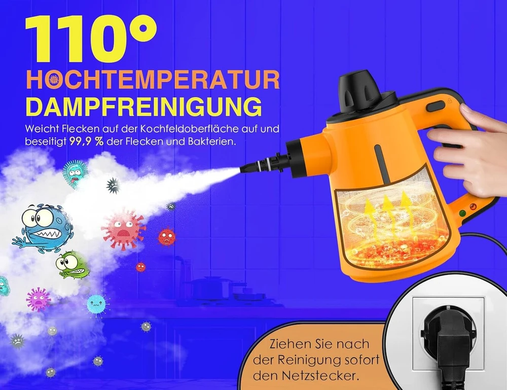 Rankinis garų valytuvas 1050 W, skirtas viskam, su 10 priedų, 3,5 bar slėgis, 3 min. įkaitimo laikas, garų valytuvas grindims, apmušalams, vonios kambariui, automobilio sėdynėms, langams, kilimams, sofai