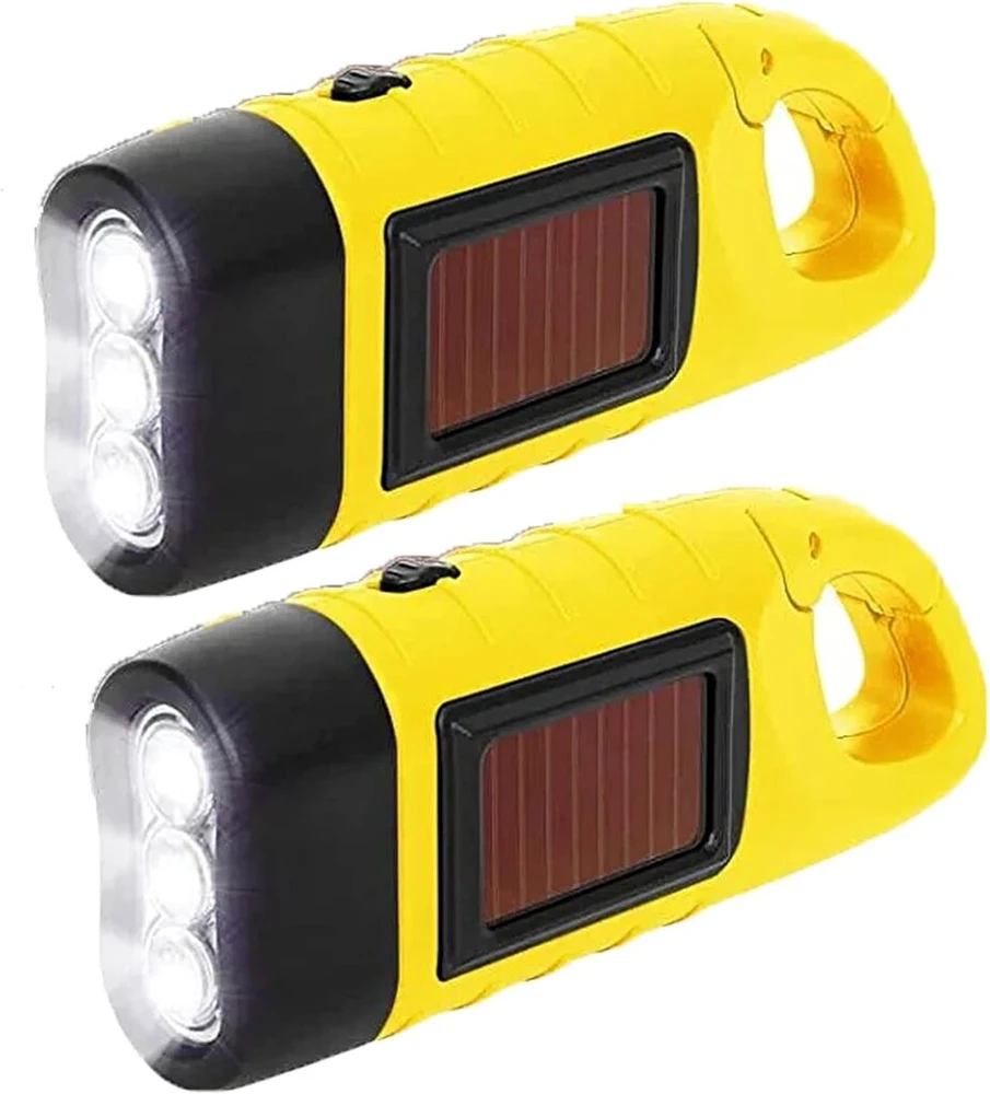 Rankinis įkraunamas led žibintuvėlis, 2 vnt. saulės energija įkraunamas led žibintuvėlis, rankinis žibintuvėlis, vandeniui atsparus žibintuvėlis, avarinis žibintas, skirtas laukui, nešiojamos stovyklavimo lempos su karabinu (geltonas)