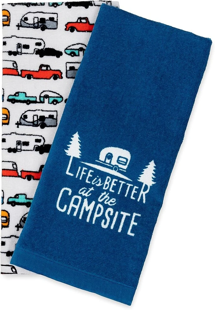 Rankšluostis Camco Life is Better at The Campsite Rv arbatinių rankšluosčių rinkinys - puikiai tinka rankoms ir indams džiovinti - rinkinį sudaro (2) rankšluosčiai - 68 x 40 cm (53301)