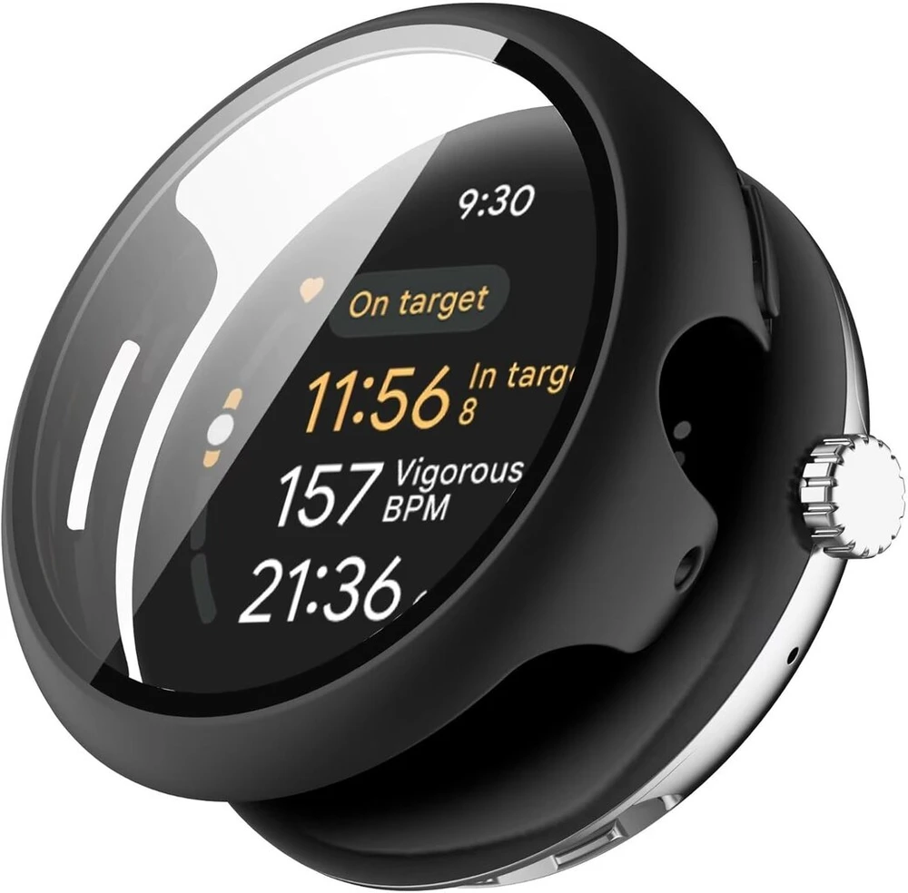 Rantuo dėklas, suderinamas su google pixel watch 3 45 mm, kietas pc + integruotas grūdintas ekrano apsaugos skydelis, atsparus dulkėms, apsauginis laikrodžio dėklas, suderinamas su google pixel watch 3 45 mm. (juodas)