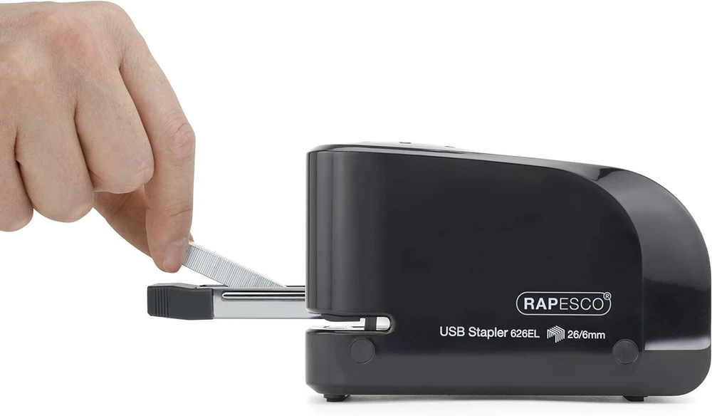Rapesco 1454 automatinis Usb akumuliatorinis segiklis su Usb laidu ir 26/6 mm kabėmis, juodas