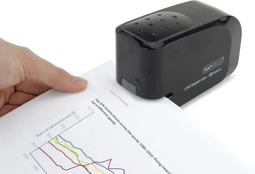 Rapesco 1454 automatinis Usb akumuliatorinis segiklis su Usb laidu ir 26/6 mm kabėmis, juodas