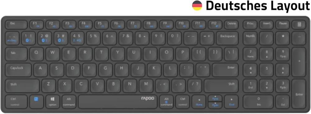 Rapoo E9700m belaidė klaviatūra, plonas aliuminio dizainas, tausojanti aplinką, įkraunama baterija, vokiškas išdėstymas Qwertz, Pc ir Mac - tamsiai pilka