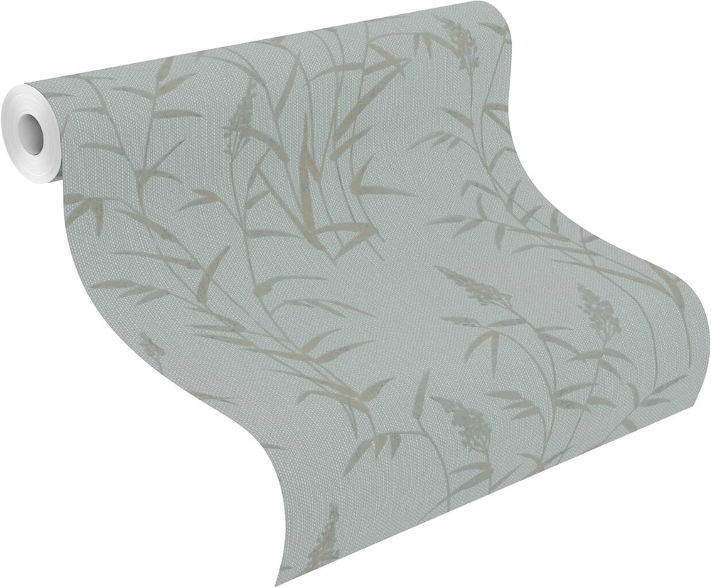Rasch Deco Style 312942 flizelininiai tapetai su tekstūruotu fonu mėlyna spalva ir botaniniu raštu aukso rudos spalvos