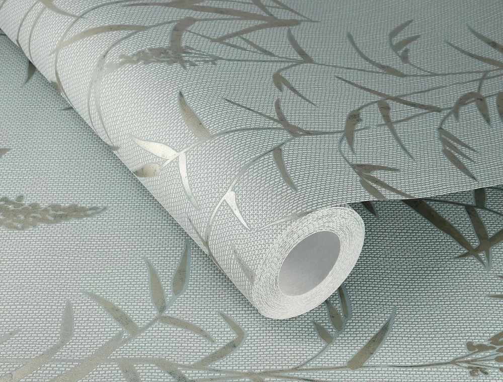 Rasch Deco Style 312942 flizelininiai tapetai su tekstūruotu fonu mėlyna spalva ir botaniniu raštu aukso rudos spalvos