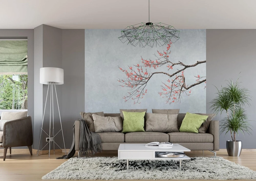Rasch tapetai 362800 - fototapetai ant neaustinės medžiagos su vyšnios žiedo šakele su rožiniais, rudais ir pilkai mėlynais žiedais iš kolekcijos Magicwalls - 3,00 m x 2,65 m (i x P)