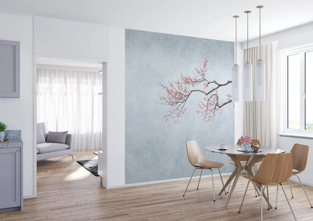 Rasch tapetai 362800 - fototapetai ant neaustinės medžiagos su vyšnios žiedo šakele su rožiniais, rudais ir pilkai mėlynais žiedais iš kolekcijos Magicwalls - 3,00 m x 2,65 m (i x P)