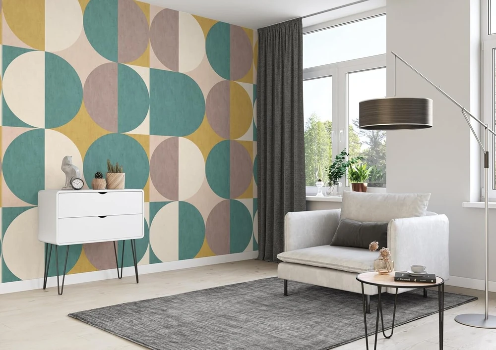 Rasch tapetai 363982 - fototapetai ant neaustinės medžiagos su apskritu raštu, petrolio, geltonos, rudos ir smėlio spalvos iš kolekcijos Magicwalls - 3,00 m x 3,18 m (ilgis x plotis)
