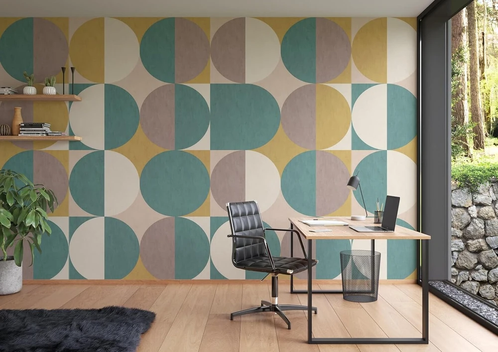 Rasch tapetai 363982 - fototapetai ant neaustinės medžiagos su apskritu raštu, petrolio, geltonos, rudos ir smėlio spalvos iš kolekcijos Magicwalls - 3,00 m x 3,18 m (ilgis x plotis)