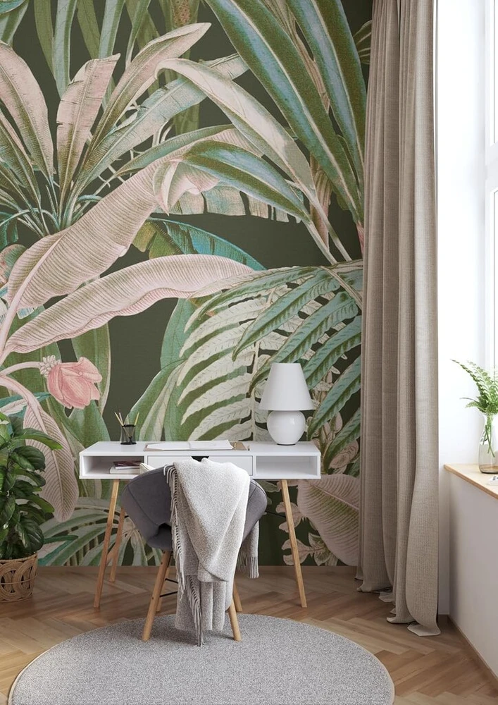 Rasch tapetai 590159 – fototapetai ant neaustinės medžiagos su palmėmis ir bananų lapais žalios ir smėlio spalvos iš kolekcijos Magicwalls – 3,00 m x 2,50 m (ilgis x plotis)