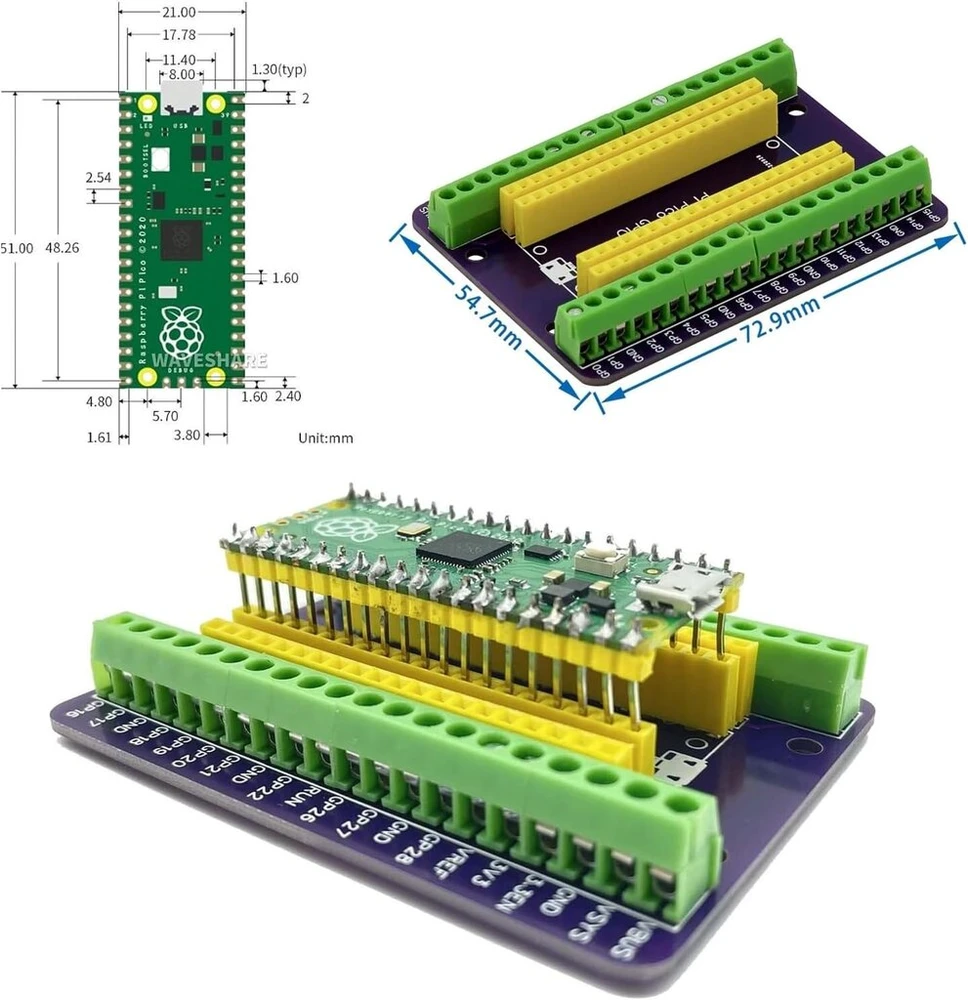 Raspberry Pi Pico su Gpio išplėtimo plokšte ir Micro Usb kabeliu