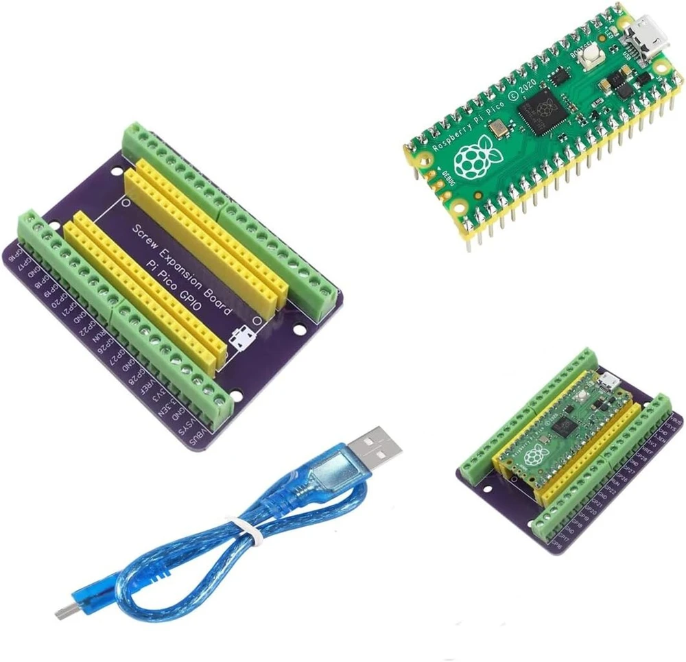 Raspberry Pi Pico su Gpio išplėtimo plokšte ir Micro Usb kabeliu