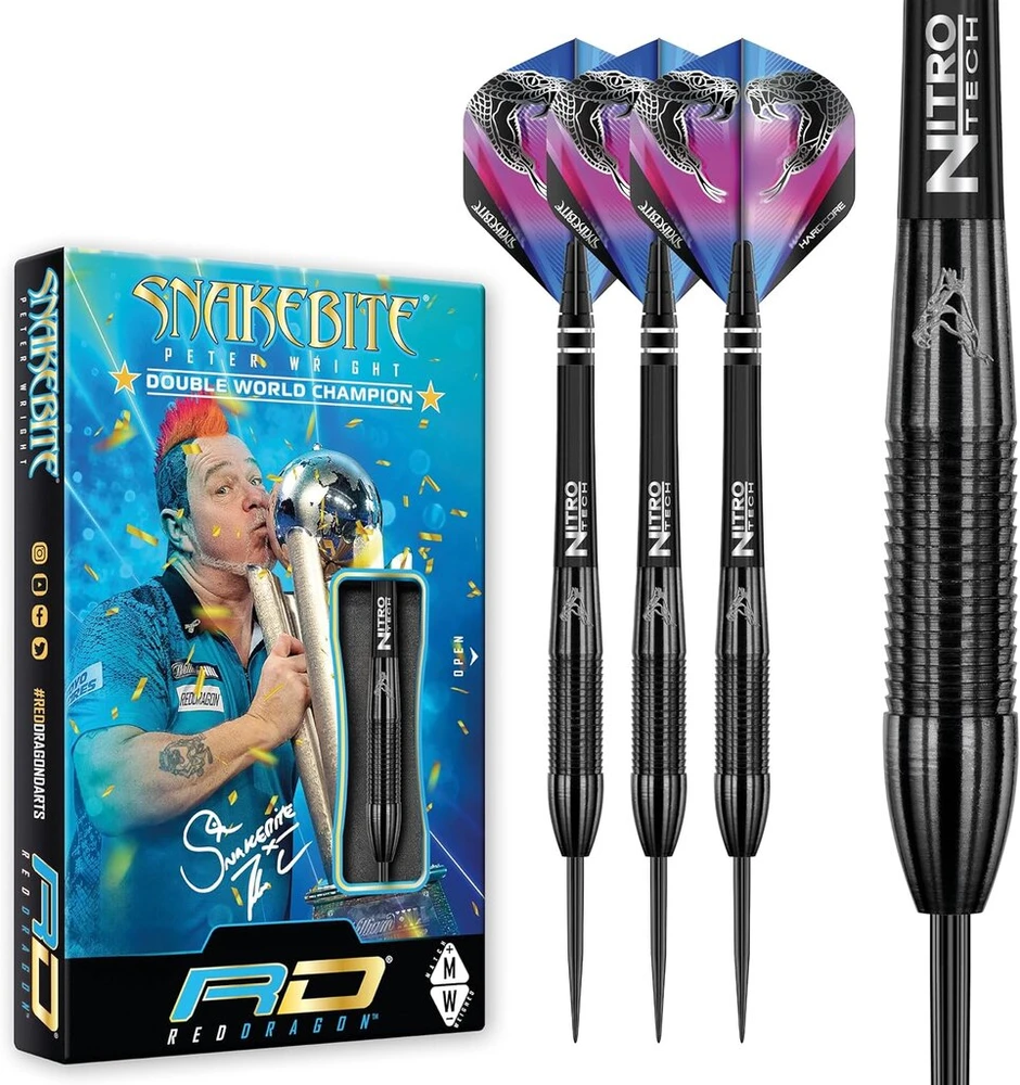 Raudona Dragon Peter Wright Snakebite 3: 22 arba 26 g volframiniai smigiai su plunksnomis ir kotais