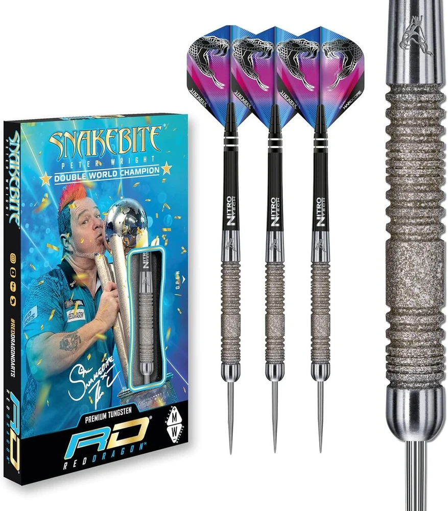 Raudona Dragon Peter Wright Snakebite Euro 11 Element: 20g arba 24g volframo smigiai su plunksnomis ir kotais