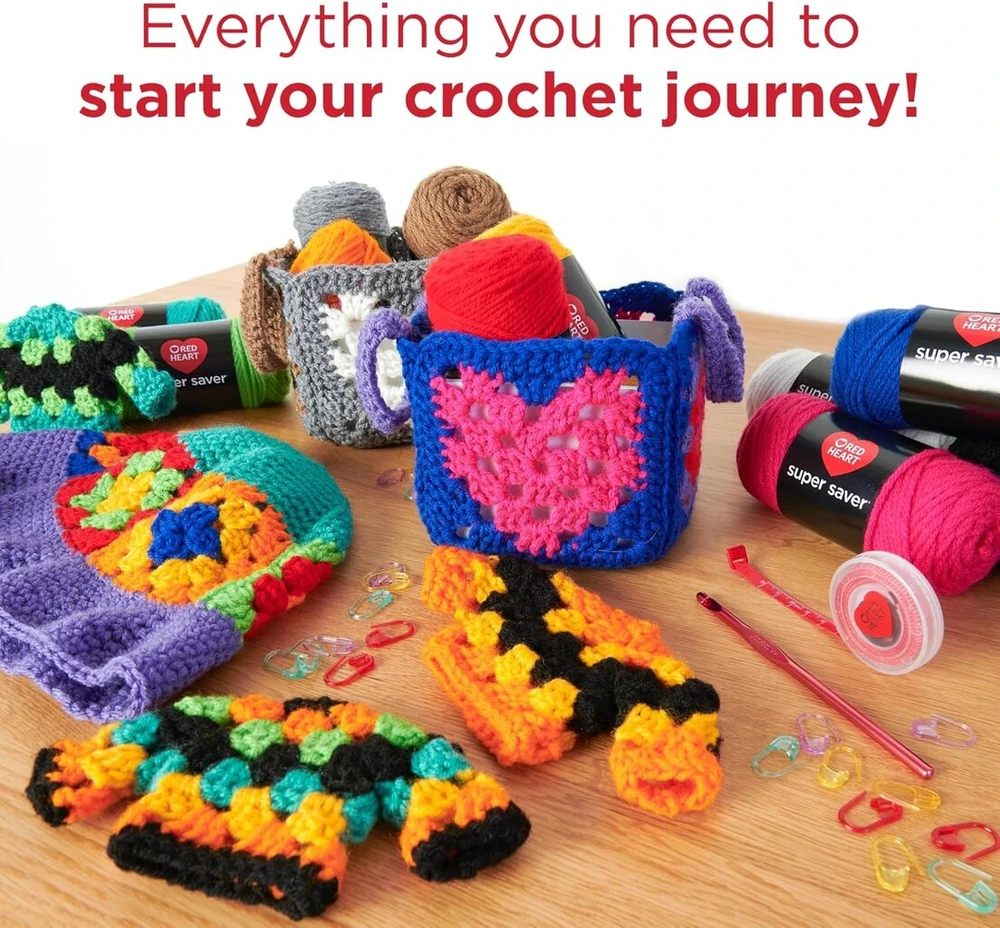 Raudona Heart Super Saver Super Yarn nėrimo rinkinys su priedais mezgimui, nėrimui, rankdarbiams ir amigurumi projektams