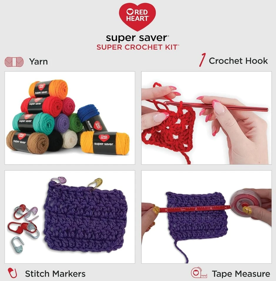 Raudona Heart Super Saver Super Yarn nėrimo rinkinys su priedais mezgimui, nėrimui, rankdarbiams ir amigurumi projektams