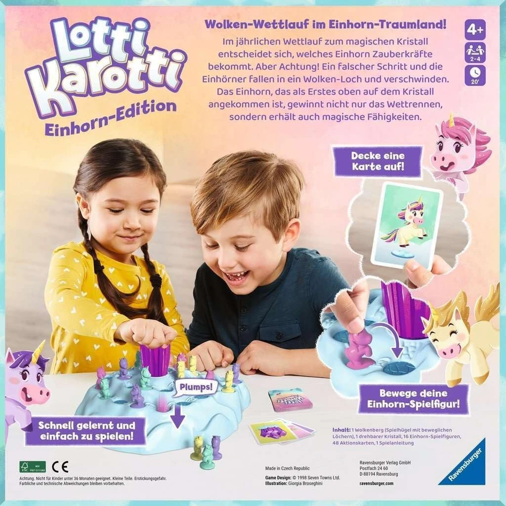 Ravensburger 22580 Lotti Karotti Unicorn Edition, gerai žinomo klasikinio žaidimo adaptacija su vienaragiais, linksmas lenktynių žaidimas 2–4 vaikams nuo 4 metų – dovanos gimtadieniui