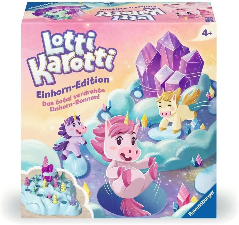 Ravensburger 22580 Lotti Karotti Unicorn Edition, gerai žinomo klasikinio žaidimo adaptacija su vienaragiais, linksmas lenktynių žaidimas 2–4 vaikams nuo 4 metų – dovanos gimtadieniui