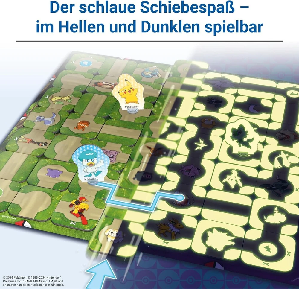 Ravensburger 22705 Pokémon Labyrinth švytintis tamsoje slenkantis žaidimas su populiariausiais Pokémon 2-6 žaidėjams nuo 7 metų: galima žaisti šviesoje ir tamsoje