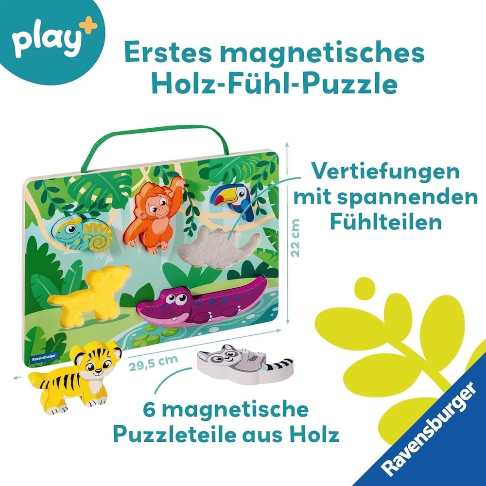 Ravensburger 4872 Play+ Magnetinis medinis dėlionės pojūtis: Džiunglės, 6 dėlionės dalys ir tvirta medinė lenta, medinė dėlionė, Fsc, vaikams nuo 1 metų