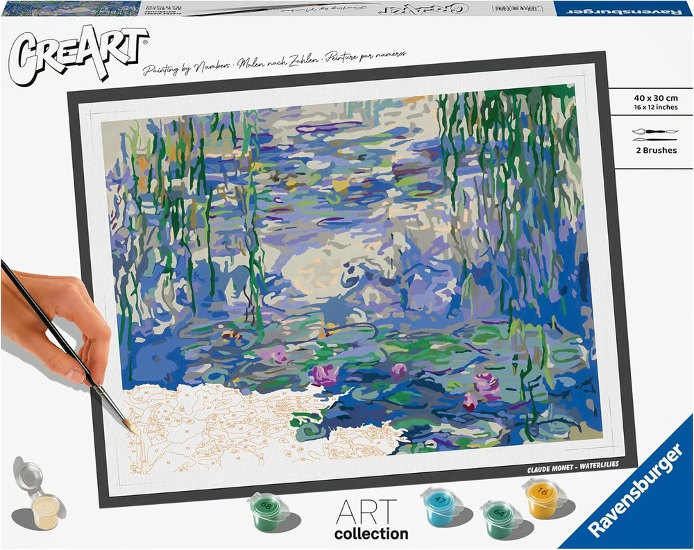 Ravensburger Creart 23651 - vandens lelijos (claude Monet) - piešimas pagal skaičius suaugusiems, „pasidaryk pats“ piešimo rinkinys su teptuku ir akriliniais dažais, dovana moterims ir vyrams, paveikslas suaugusiems