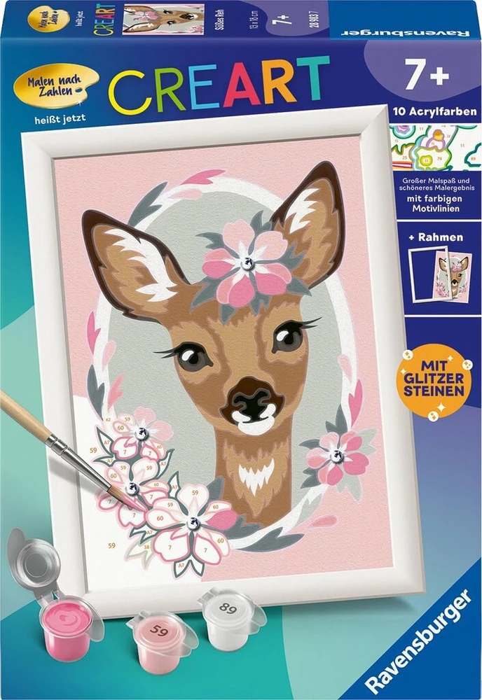 Ravensburger Creart 28983 - mielas elnias - piešimas pagal skaičius vaikams nuo 7 metų, piešimo rinkinys su rėmeliu, teptuku ir akriliniais dažais, dovana mergaitėms ir berniukams, su blizgučiais