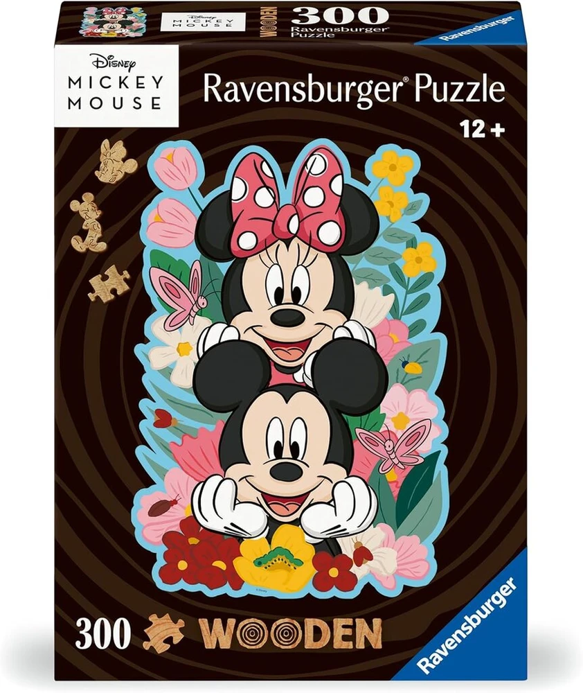 Ravensburger medinė dėlionė 12000762 Mickey & Minnie 300 dalių kontūrinė medinė dėlionė su tvirtomis, atskiromis dėlionės dalimis ir 25 mažomis medinėmis figūrėlėmis = Whimsies, Disney gerbėjams nuo 12 metų