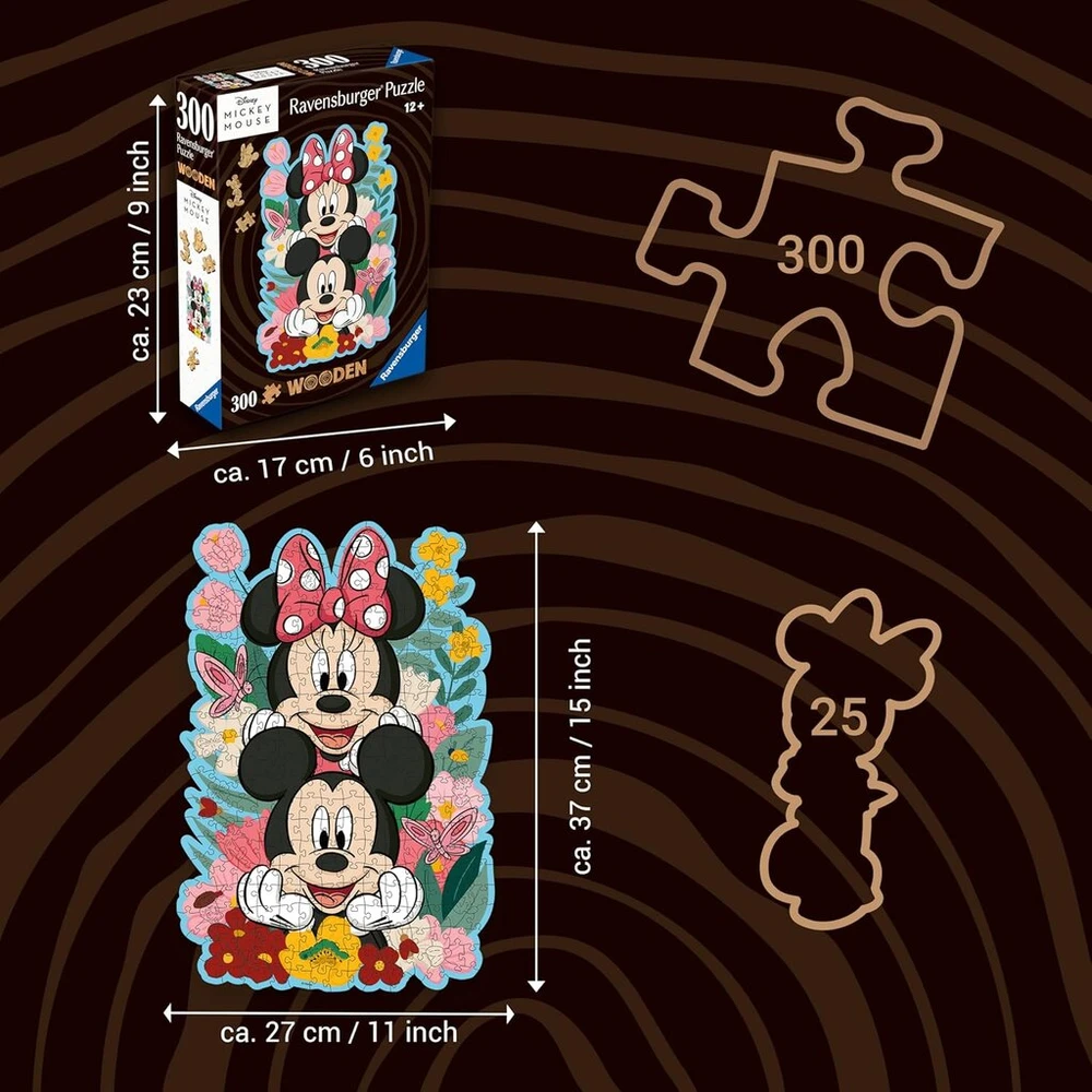 Ravensburger medinė dėlionė 12000762 Mickey & Minnie 300 dalių kontūrinė medinė dėlionė su tvirtomis, atskiromis dėlionės dalimis ir 25 mažomis medinėmis figūrėlėmis = Whimsies, Disney gerbėjams nuo 12 metų