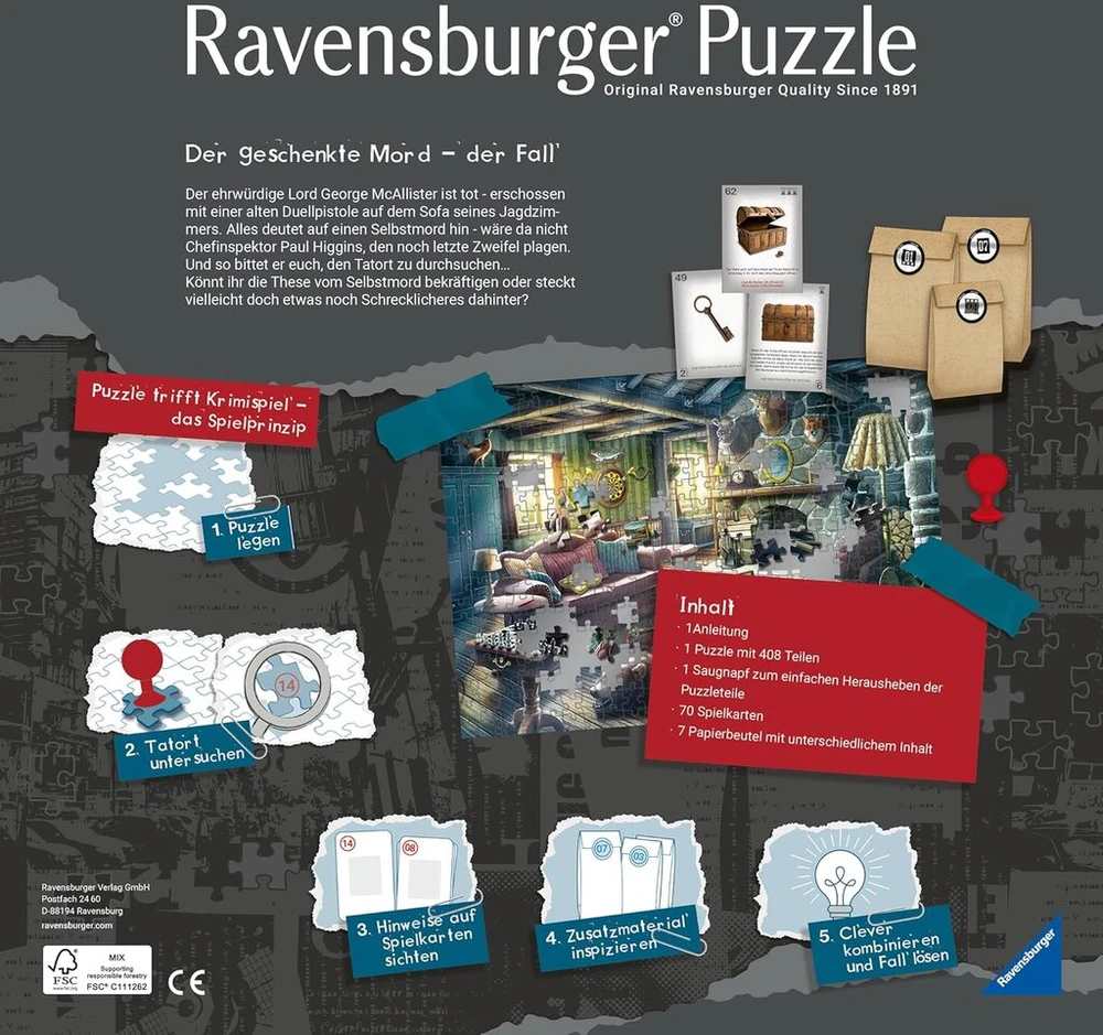 Ravensburger X Crime "dovanos" Paslaptis: 408 detalių detektyvinis dėlionė