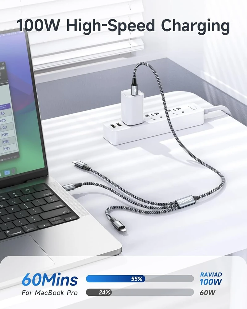 Raviad 100 W usb c į multi usb trumpas kabelis [50 cm] 3-in-1 įkrovimo kabelis su e-mark lustu greito įkrovimo kabelis usb c į usbc [100w] + micro [10w] + lightning [27w], skirtas iphone 15/14, galaxy s24/s23