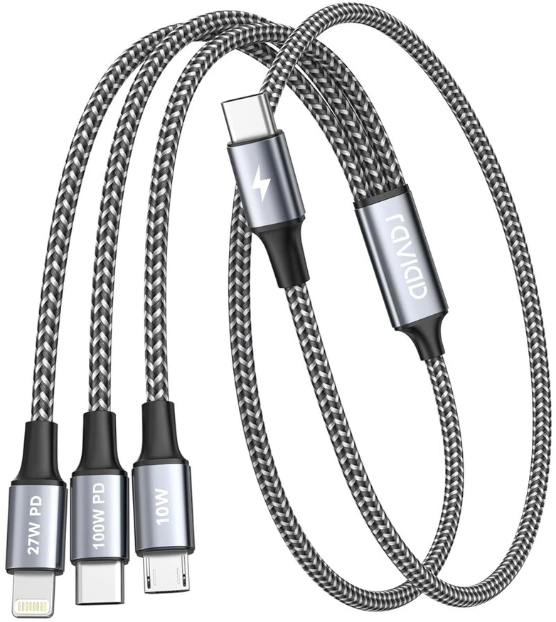 Raviad 100 W usb c į multi usb trumpas kabelis [50 cm] 3-in-1 įkrovimo kabelis su e-mark lustu greito įkrovimo kabelis usb c į usbc [100w] + micro [10w] + lightning [27w], skirtas iphone 15/14, galaxy s24/s23