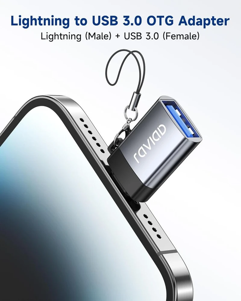 Raviad lightning į usb adapteris, iphone usb atmintinės adapteris kompaktiškas usb 3.0 otg adapteris, skirtas iphone/ipad, palaiko flash atmintinę, šakotuvus, midi klaviatūrą, pelę, klaviatūrą, kamerą, kortelių skaitytuvą