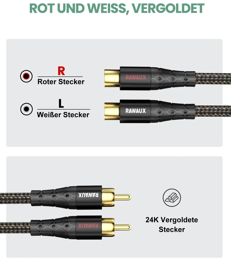 Rawaux 2 rca prailginimo laidas, 2 x rca kištukas į 2 x rca lizdą, 24 k paauksuotas stereo audio kabelis kolonėlėms, stiprintuvams, namų kinui ir televizoriui (3 m, juodas)