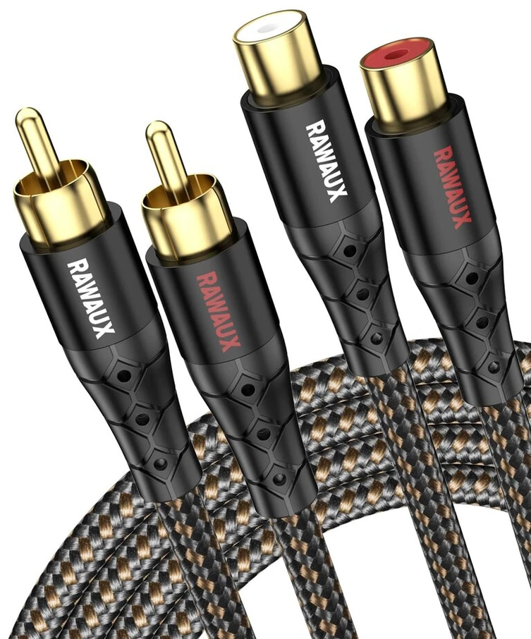 Rawaux 2 rca prailginimo laidas, 2 x rca kištukas į 2 x rca lizdą, 24 k paauksuotas stereo audio kabelis kolonėlėms, stiprintuvams, namų kinui ir televizoriui (3 m, juodas)