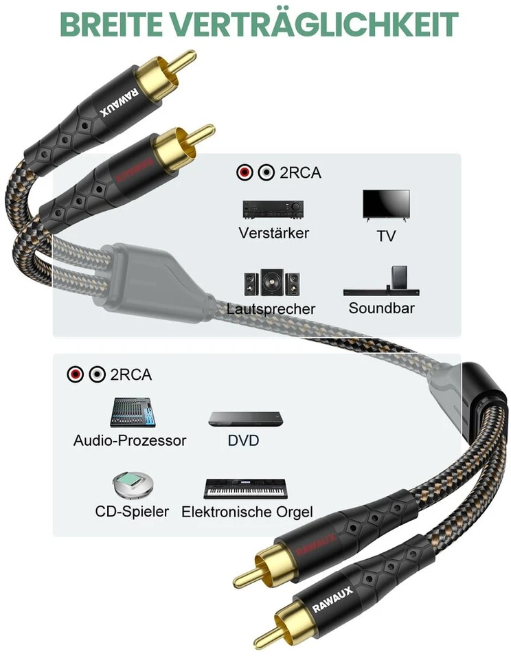 Rawaux rca audio kabelis 2 m, 2 x rca male į 2 x rca male stereo audio žemų dažnių garsiakalbio kabelis hifi 2 rca kabelis paauksuotas pintas skirtas namų kinui, televizoriui, stiprintuvui, hi-fi sistemoms