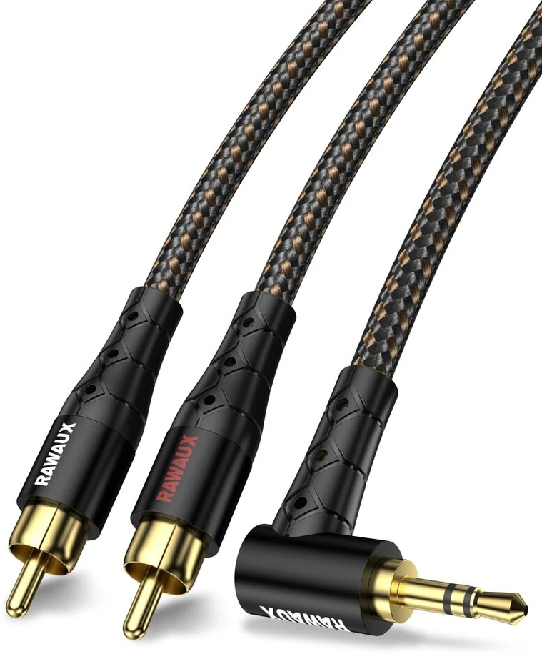 Rawaux rca į jack 3.5 mm kabelis 90 laipsnių 3.5 mm jack į 2 rca kabelis 24k paauksuotas stereo rca audio kabelis televizoriui, išmaniajam telefonui, nešiojamam kompiuteriui, namų kinui, stiprintuvui (1 m, 3.5 x 2 rca - juodas)