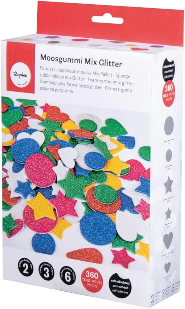 Rayher putų gumos mišinys su blizgučiais, lipnus, spalvingas, 2 + 3 cm skersmens, dėžutė su 360 vienetų, 3 formos, 6 spalvos, putų gumos lipdukai dekoravimui 30237999