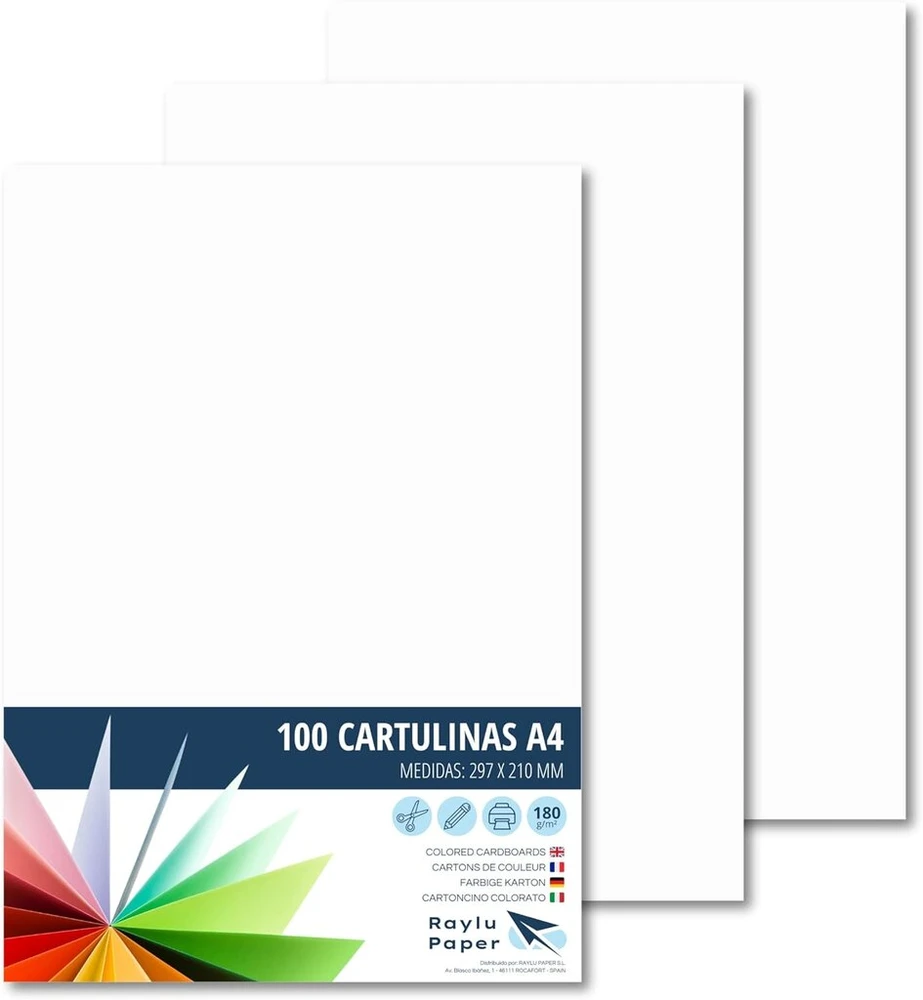 Raylu paper spalvotas popierius a4, pakuotė 100 lapų kartono popieriaus 180 g/m², 210 x 297 mm, profesionalios spalvoto kartono dėžutės biurui, kopijavimo popierius, spalvingas popierius rankdarbiams (baltas)