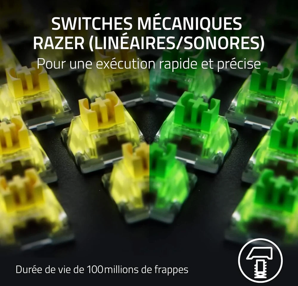 Razer Blackwidow V4 Pro (geltona Switches) mechaninė žaidimų klaviatūra (mechaniniai jungikliai, tyli, slinkties ratukas, 8 specialūs makro klavišai, dirbtinės odos riešo atrama, Rgb Chroma) Fr klaviatūra, Fr išdėstymas