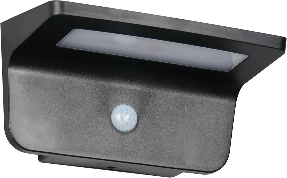 Reality Leuchten Atico R24696132 Led lauko sieninis šviestuvas su saulės baterija, plastikas, juodas matinis, 8 W Led, hibridinis saulės/baterijos, prieblandos jutiklis, judesio jutiklis