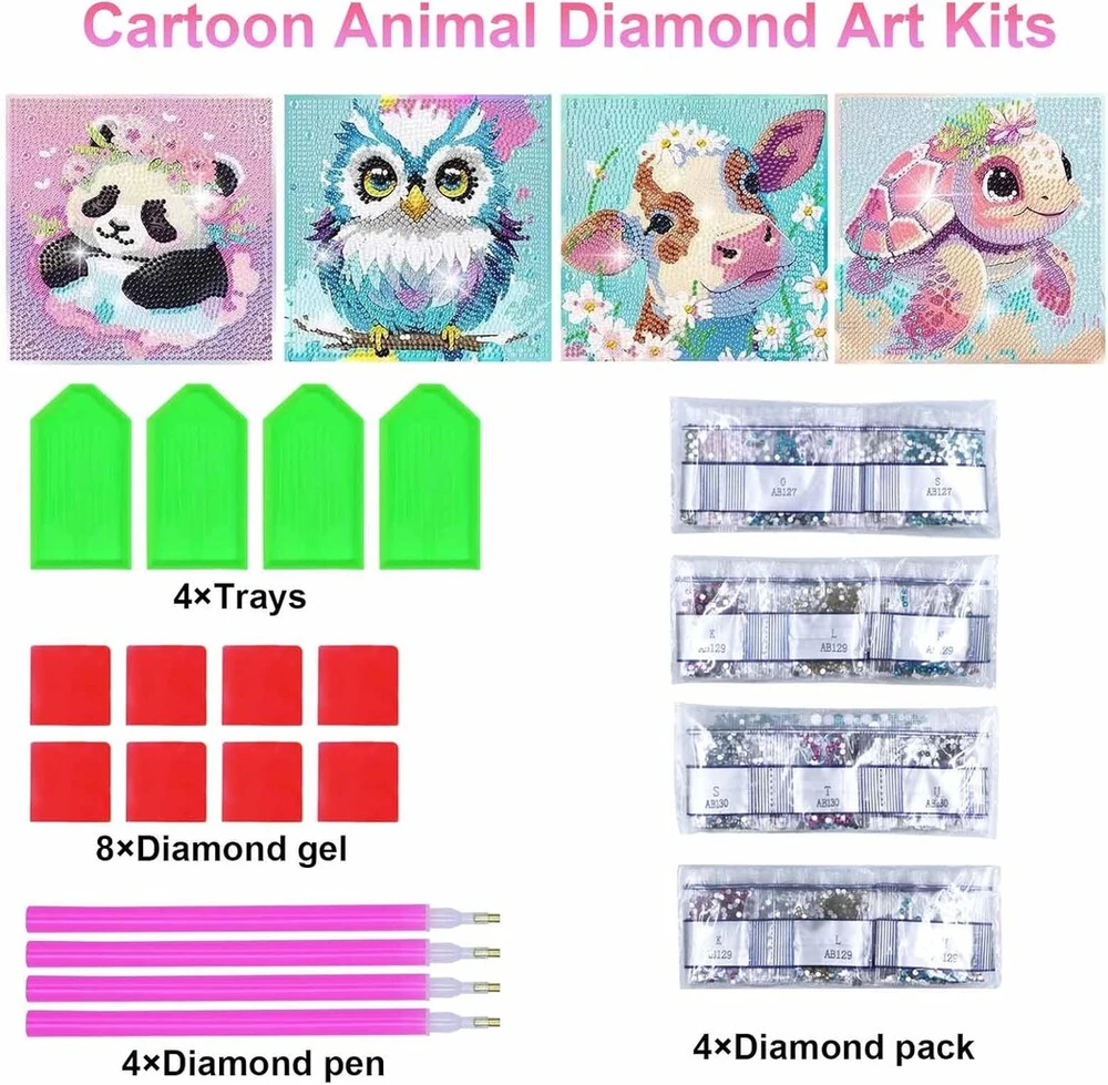 Realjoy 4 dalių deimantų tapybos rinkinys vaikams, 15 x 15 cm deimantų tapybos paveikslėliai vaikams nuo 6 7 8 9 10 11 12 metų, pasidaryk pats mozaikos rinkinys panda vėžlys pelėda karvė, kalėdos, sienų dekoracijos