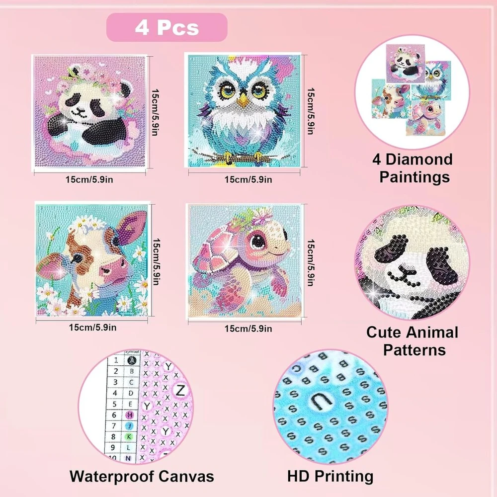 Realjoy 4 dalių deimantų tapybos rinkinys vaikams, 15 x 15 cm deimantų tapybos paveikslėliai vaikams nuo 6 7 8 9 10 11 12 metų, pasidaryk pats mozaikos rinkinys panda vėžlys pelėda karvė, kalėdos, sienų dekoracijos