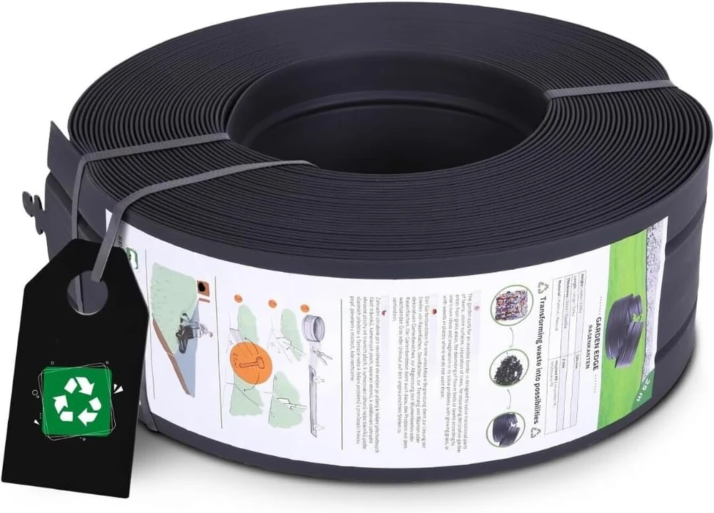Recyup vejos apvadas plastikinis šaknų barjeras vejos apvadas - perdirbamas, stabilizuotas Uv spinduliais, patvarus, atsparus oro sąlygoms, idealus lenktoms linijoms, sodo projektams, lengvas montavimas, 8 m juodas