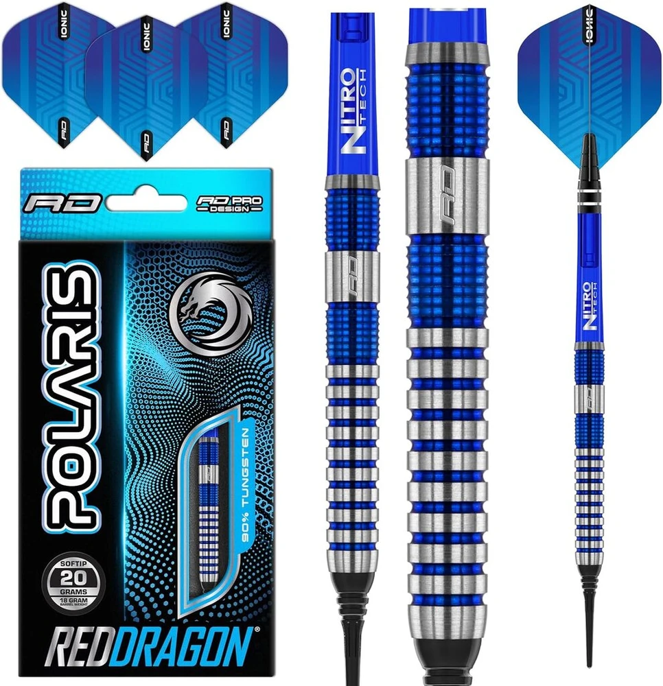 Red Dragon Raudona Dragon Polaris volframiniai profesionalūs smiginio rinkinys su plunksnomis ir Nitrotech kotais