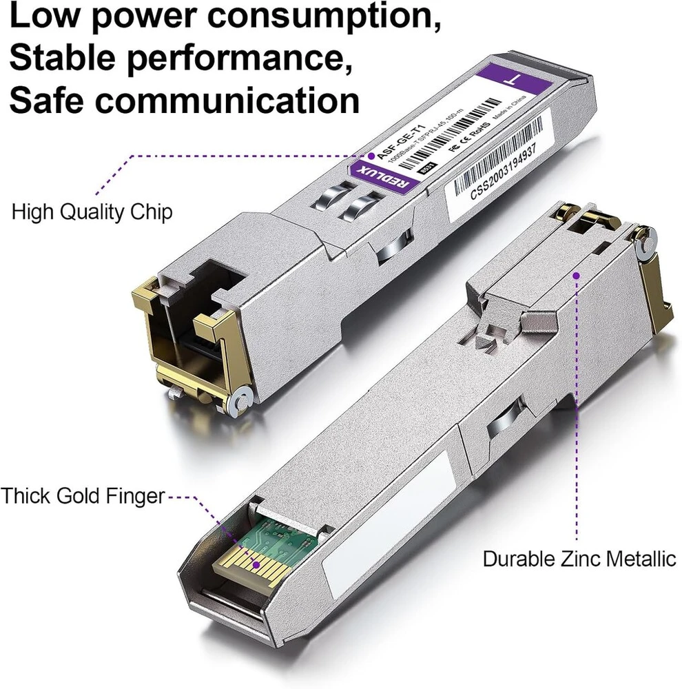 Šakotuvas Redlux 1g sfp rj45 mini-gbic modulis, cat.5e rj45 varinis kištukas, iki 100 m, 1000base-t varinis siųstuvas-imtuvas, suderinamas su cisco glc-t/sfp-ge-t, meraki ma-sfp-1gb-tx, ubiquiti uf-rj45-1g, 2 vnt.
