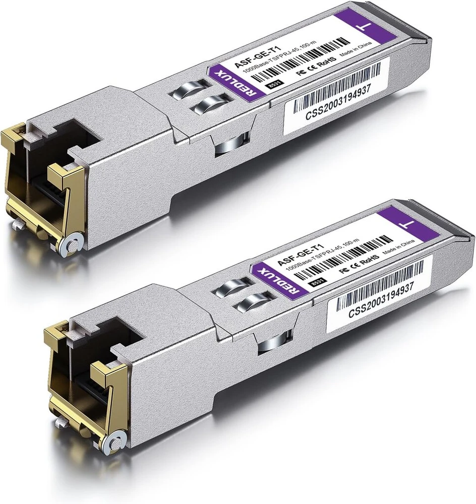 Šakotuvas Redlux 1g sfp rj45 mini-gbic modulis, cat.5e rj45 varinis kištukas, iki 100 m, 1000base-t varinis siųstuvas-imtuvas, suderinamas su cisco glc-t/sfp-ge-t, meraki ma-sfp-1gb-tx, ubiquiti uf-rj45-1g, 2 vnt.