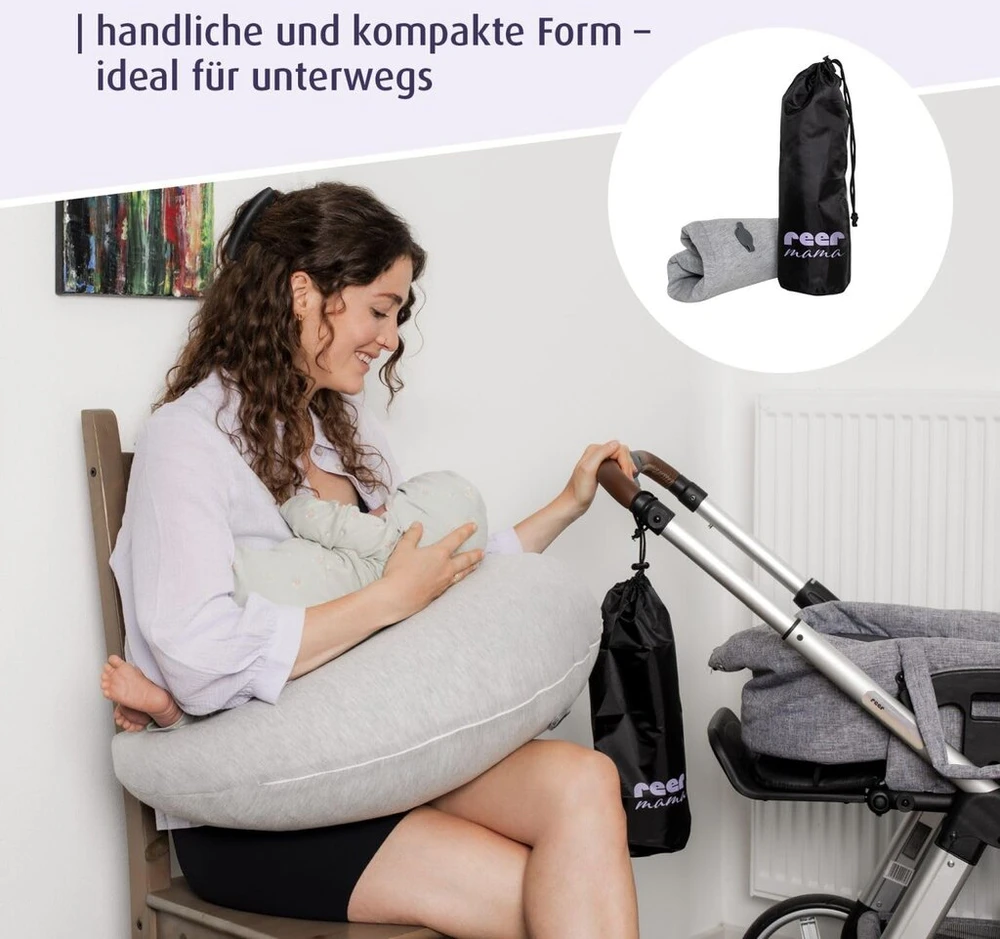 Reer Mama Air pripučiama ergonomiška maitinimo pagalvė su minkštu nuimamu užvalkalu, kompaktiška ir idealiai tinkanti kelionėms, pagalba žindant