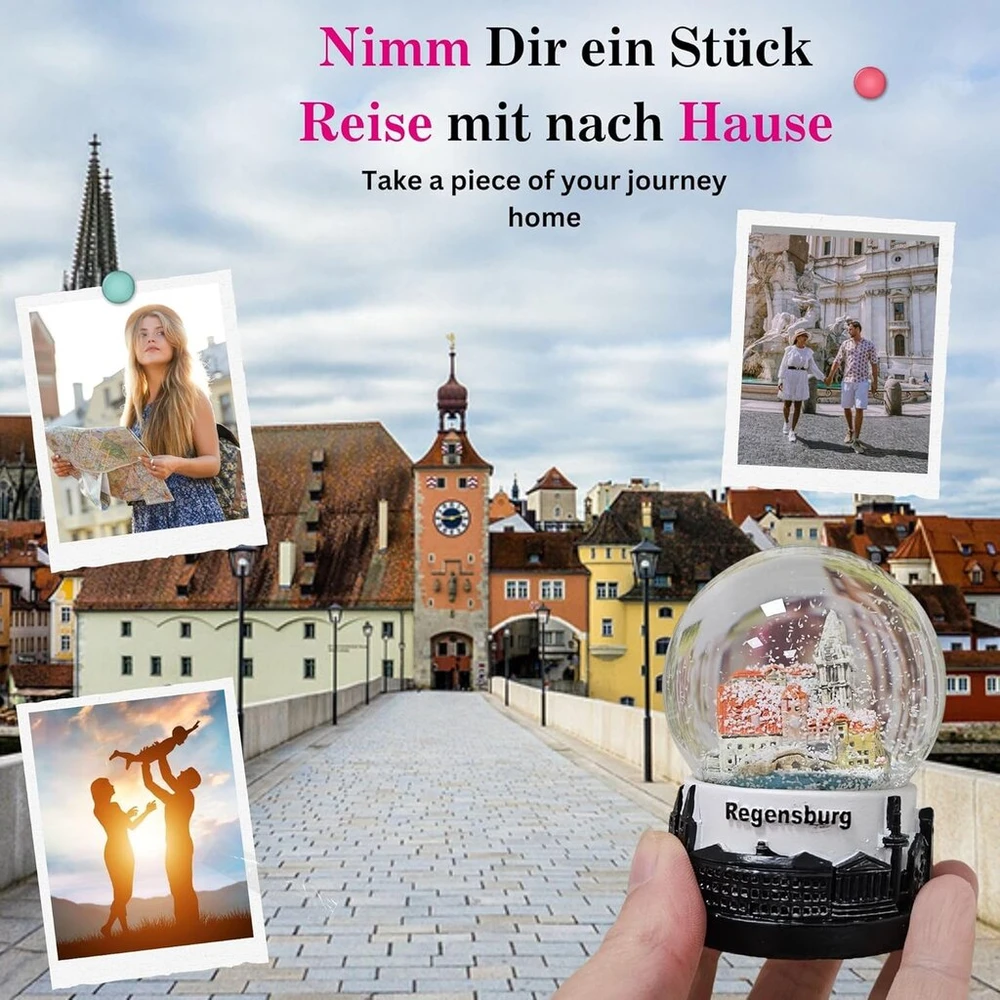 Regensburg 30078 suvenyrinis sniego gaublys | Dom Stein tiltas Dunojaus krantas | Skyline pagrindas | Vokietijos kelionių suvenyras | P: 65 mm A: 85 mm / purtomas kamuolys | Dovana | 30078